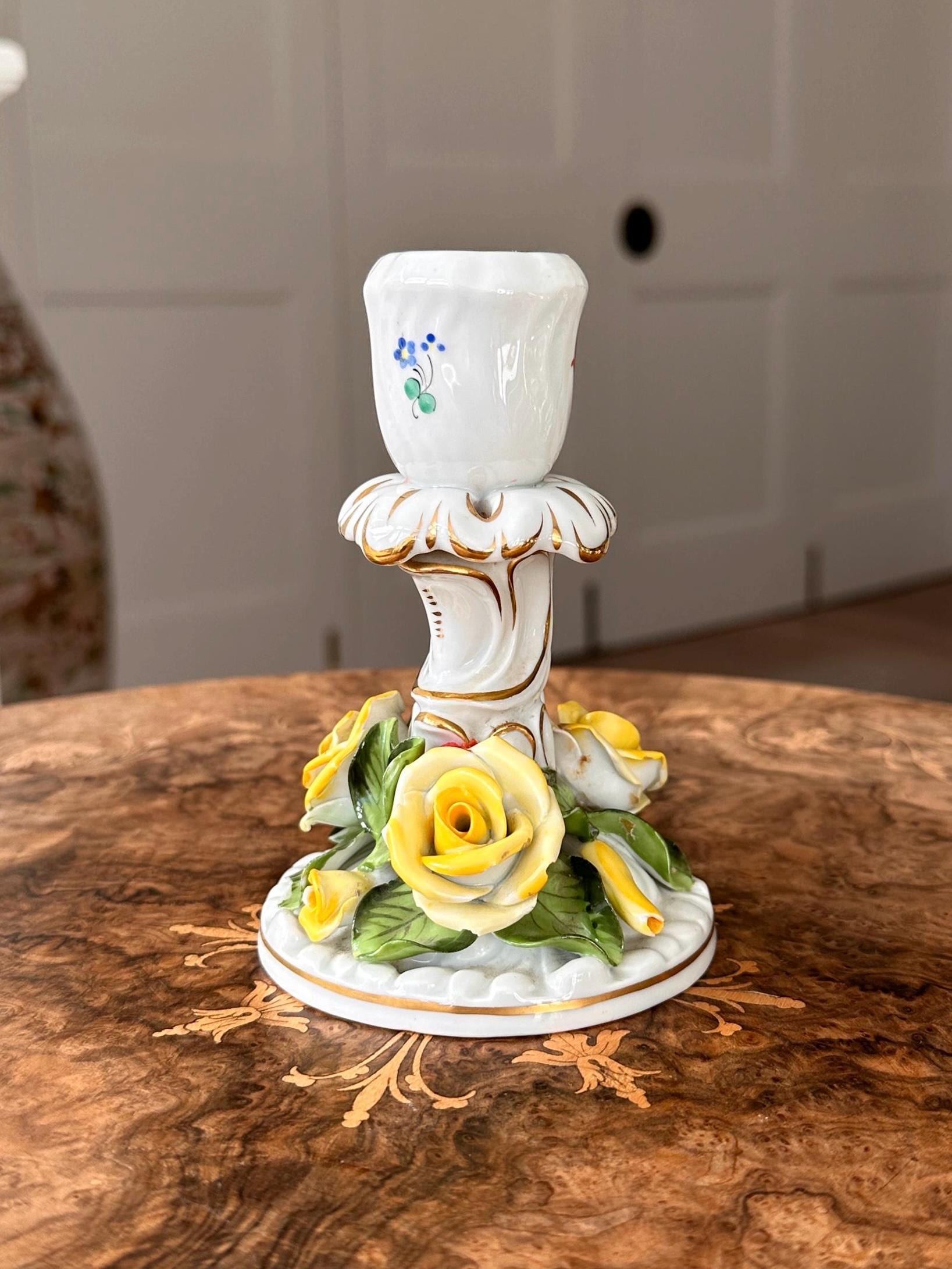 Vintage Herend Hungary Porcelain Candlestick – Handpainted Yellow