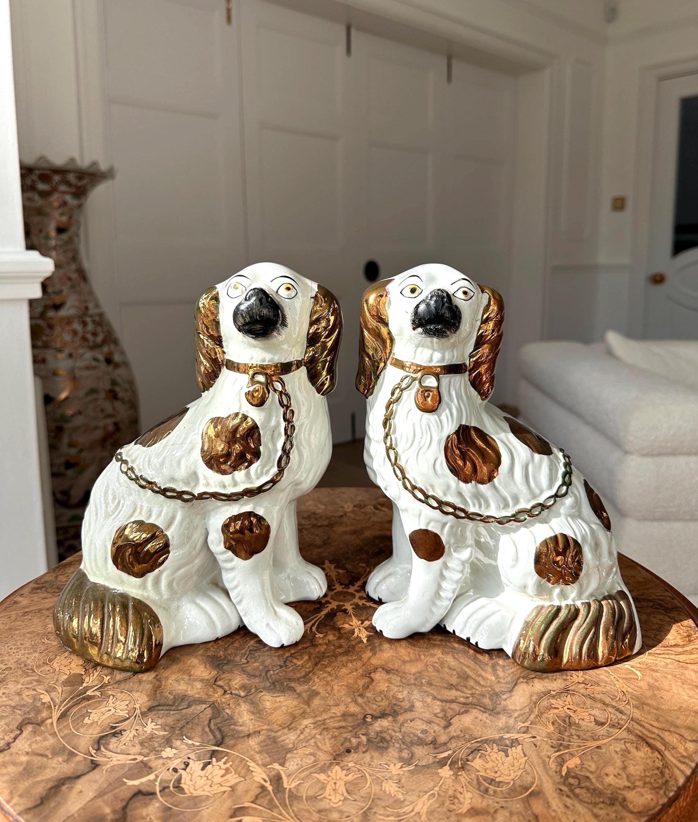 Large Pair Antique Copper Lustre Staffordshire Spaniel Dogs – 12