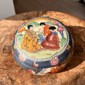 Vintage Japanese Satsuma Style Pottery Lidded Jar – 6” Moriage Hand Painted Covered Bowl Jar Box