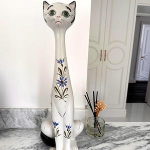 Large Vintage Italian Ceramic Cat Figurine: Hand Painted Floral Decor, Mancioli Style