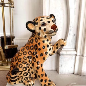 Vintage Italian Style Ceramic Leopard Cub Statue Sculpture – 40cm Tall – Hand Painted Mid-Century Style