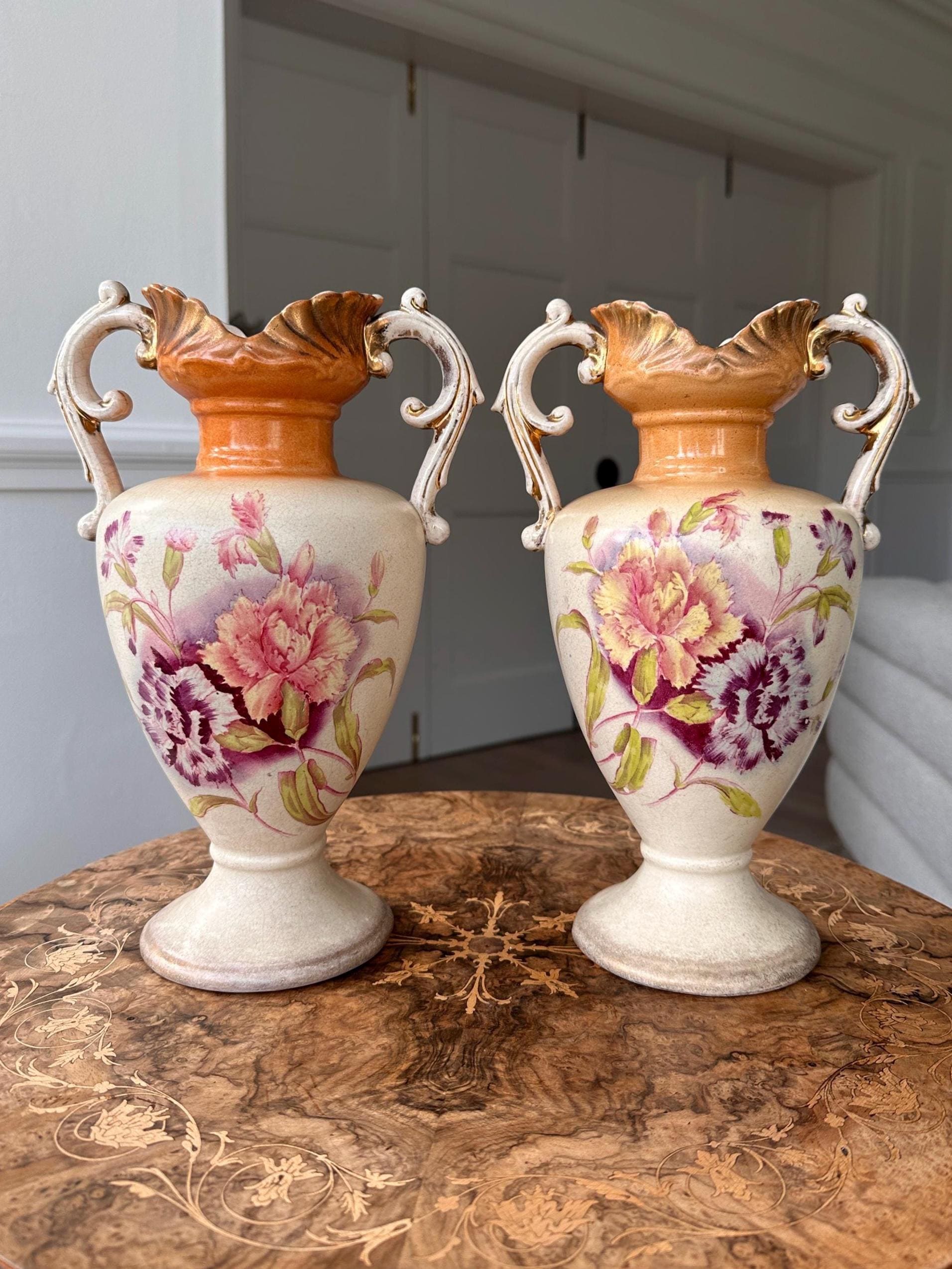 Antique Pair Floral Vases – Empire Works, Stoke-on-trent – English