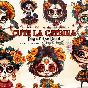Könnte beinhalten: Eine Sammlung farbenfroher, cartoonartiger Illustrationen von La Catrina-Figuren, verziert mit Blumenschmuck und aufwendiger Gesichtsbemalung. Der Text "Cute La Catrina Day of the Dead clipart pack" ist deutlich sichtbar.