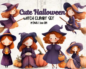 19 PNG Cute Halloween Witch Clipart Set Watercolor Witch and Pumpkin Clipart Digital Download 300 DPI Halloween Sublimation Printable Art