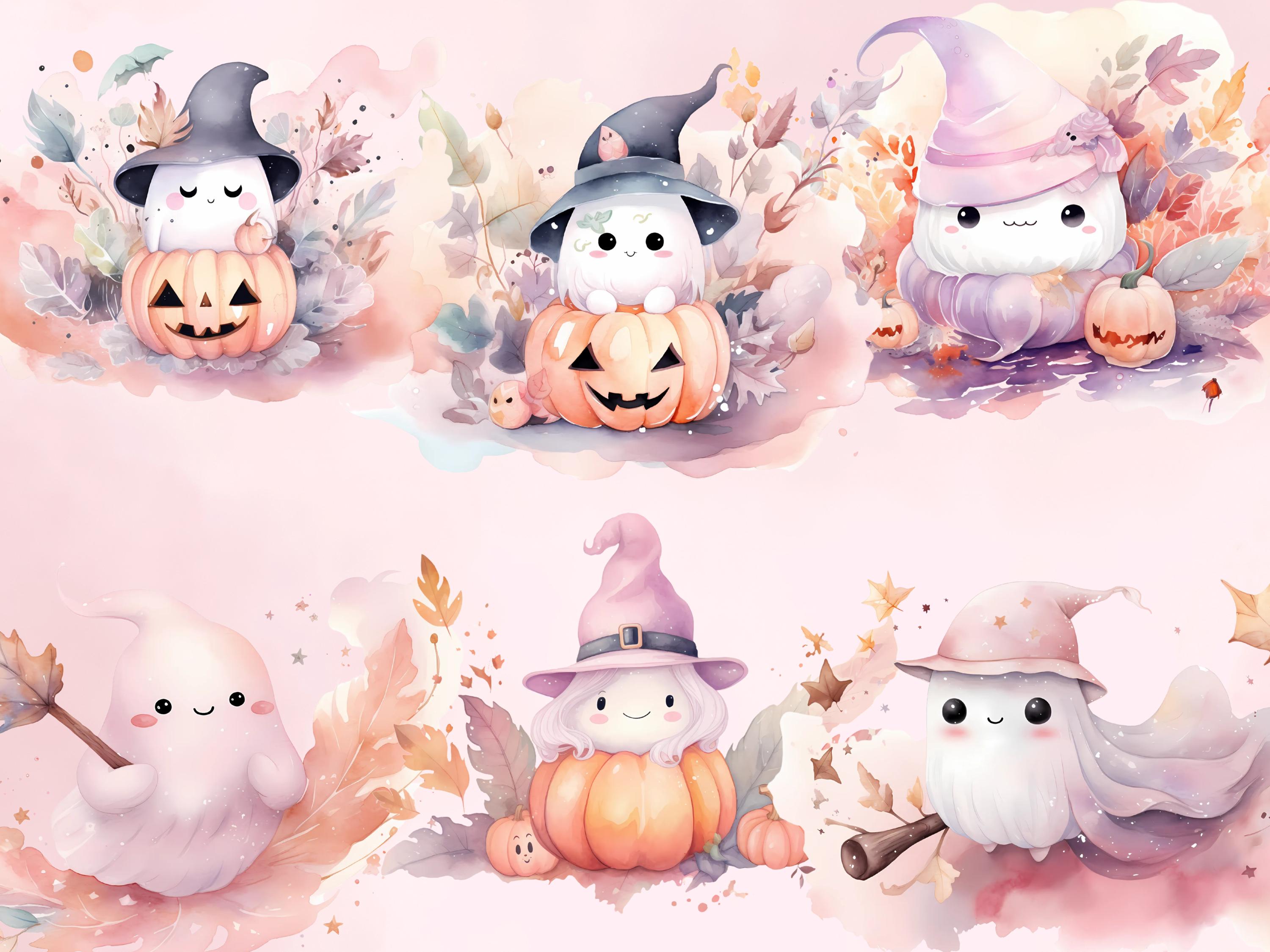 Pastel Pink Ghost Clipart PNG Kawaii Watercolor Halloween Ghosts Autumn ...