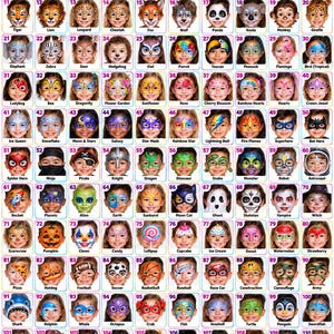 May include: A grid of 120 face paint designs for children, featuring numbered squares with colourful illustrations of animals, fantasy characters, and objects, titled 120 FACEPAINT DESIGNS Boys & Girls at the top.