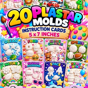 May include: A set of 20 Plastar molds instruction cards measuring 5x7 inches, featuring various themes including princess, animals, vehicles, dinosaurs, ocean, food, cartoon characters, sports, nature, fashion, space, and birthday designs.