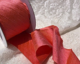 Coral Dupioni Silk Ribbon - by the yard - 2 inch width - Bridal Millinery Home Decor - Coral fabric silk ribbon yardage