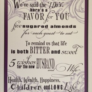 Wedding Sign Five Sugared Almonds Jordan Almond Favor Sign in Purple ...