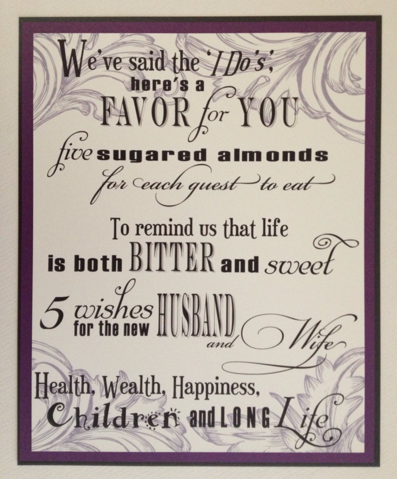 Wedding Sign Five Sugared Almonds Jordan Almond Favor Sign in Purple ...