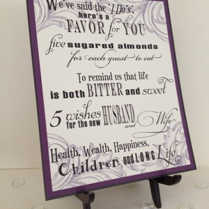 Wedding Sign Five Sugared Almonds Jordan Almond Favor Sign in Purple ...