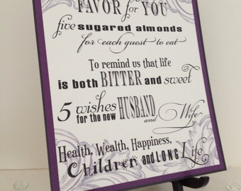 Wedding Sign - Five Sugared Almonds - Jordan Almond Favor Sign in Purple, Black and White