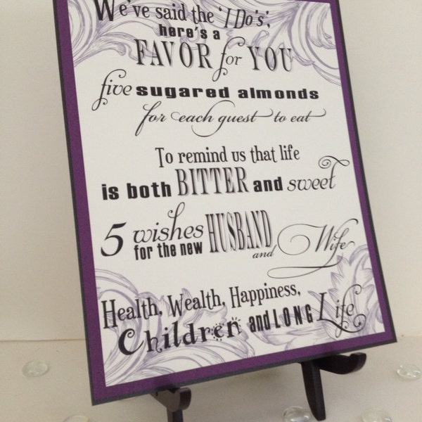 Wedding Sign - Five Sugared Almonds - Jordan Almond Favor Sign in Purple, Black and White