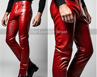 Handmade Red Leather Pants Mens: Slim Fit Motorbike Style