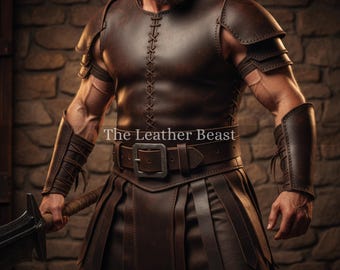 Handmade Genuine Leather Roman Gladiator Costume – Armor Kilt & Bracers