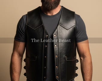 Handmade Black Sheep Leather Biker Vest: Snap Button Waistcoat