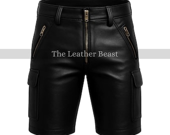 Pantalones cortos de piel de oveja auténtica para hombre: bolsillos con cremallera y forro de satén.