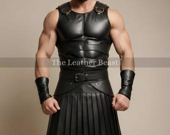 Handmade Leather Gladiator Costume: Roman Warrior Kilt & Armor