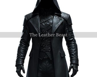 May include: Black leather hooded coat with multiple straps and a long design. The coat has a tailored fit, shoulder accents, and gloves. The text "The Leather Beast" is visible on the coat.