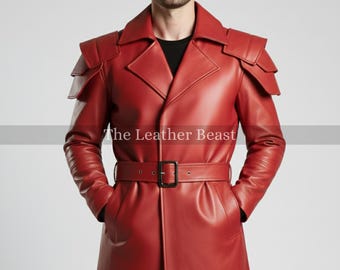 Handgefertigter roter Leder-Krieger-Mantel für Gothic Steampunk Cosplay