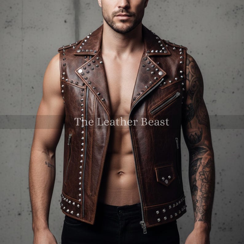 Handmade Studded Leather Vest: Punk Rock Vest - Brown Biker Jacket - Etsy