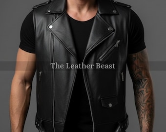 Handmade Sheep Leather Biker Vest – Men's Heavy Duty Zipper Waistcoat