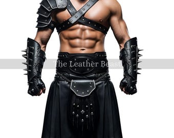 Handmade Leather Gladiator Kilt Harness Set: Custom Cosplay Warrior Costume