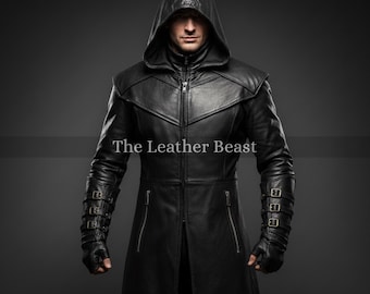 Genuine Leather Hooded Trench Coat – Steampunk Assassin Style