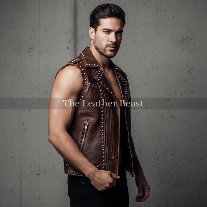 Handmade Studded Leather Vest: Punk Rock Vest - Brown Biker Jacket - Etsy