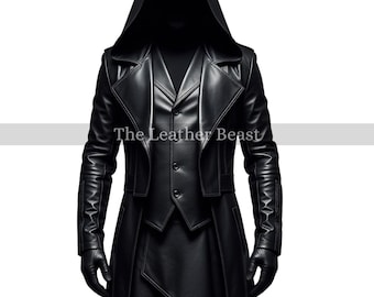 Handmade Black Leather Hooded Jacket: Gothic Asymmetrical Trench Coat