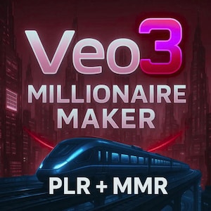Op de afbeelding: Een digitale afbeelding met de tekst "Veo 3 MILLIONAIRE MAKER" in wit en roze, met een futuristische trein en de tekst "PLR + MMR" onderaan. De achtergrond toont een stadsgezicht in tinten rood en paars.