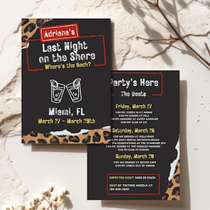 May include: Black invitation card with leopard print accents. Text reads "Adriana's Last Night on the Shore, Where's the Bach?" with event details for Miami, FL, March 27-29. The second card lists the party's schedule.