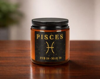 Pisces Zodiac Symbol Candle Amber Jar  Soy Candle, Feb 19 Mar 20