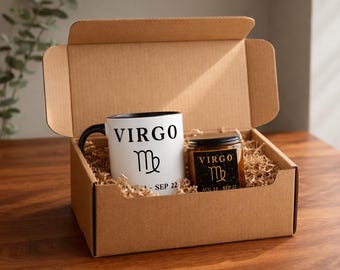 Virgo Zodiac Gift Set – Virgo Mug & Amber Candle Gift Box | Birthday Gift for Virgo | Astrology Lover Gift
