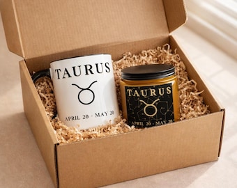 Taurus Birthday Gift Box – Zodiac Candle and Mug Set – April May Horoscope Present for Her