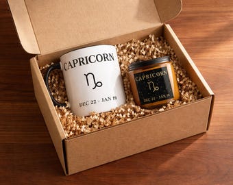 Capricorn Zodiac Gift Set – Capricorn Mug and Candle – Astrology Birthday Gift – December January Horoscope – Earth Sign Gift Box