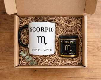 Scorpio Zodiac Gift Set – Scorpio Mug and Candle – Astrology Birthday Gift for Her – October November Water Sign – Horoscope Gift Box