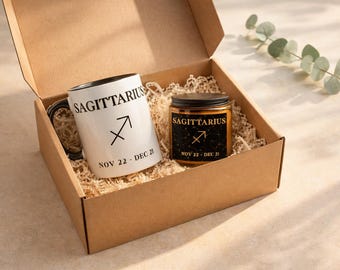 Sagittarius Zodiac Birthday Box – Astrology Mug and Candle – November December Gift Idea