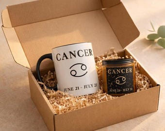 Cancer Zodiac Birthday Gift – Mug and Candle Box Set – June July Astrology Lover Present