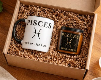 Pisces Zodiac Gift Set, Astrology Mug and Amber Candle, Spiritual Self Care Box