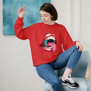 Sexy Lips Shape Sweatshirt, Trendy Crewneck Jumper, Cool Lip Graphic Pullover, Unisex Cozy Sweater, Unique Mouth Print Top