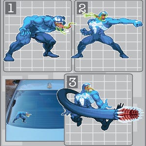 May include: Three different poses of a blue and black Venom character from the Marvel comics. The character is shown in a fighting stance, with a large, toothy mouth and a long, black tongue. The character is also shown with a large, black arm that is extended out in front of it.