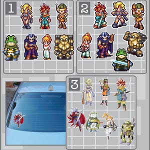 May include: A collection of pixel art character stickers, featuring various figures in different outfits and poses. The stickers are arranged in three groups, with one group applied to a car window. The characters have a retro video game aesthetic.