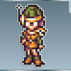 May include: Pixel art illustration of a character wearing a green hat, yellow and orange clothing, and holding a staff. The character has a white face with brown eyes and a pink mouth.