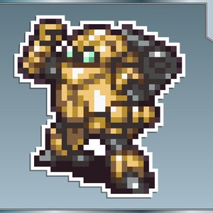 May include: A pixelated illustration of a brown robot with a black arm and green eyes. The robot is standing with its right arm raised.