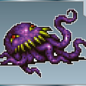 May include: A pixelated purple and yellow monster with multiple tentacles. The monster has red eyes and sharp teeth.
