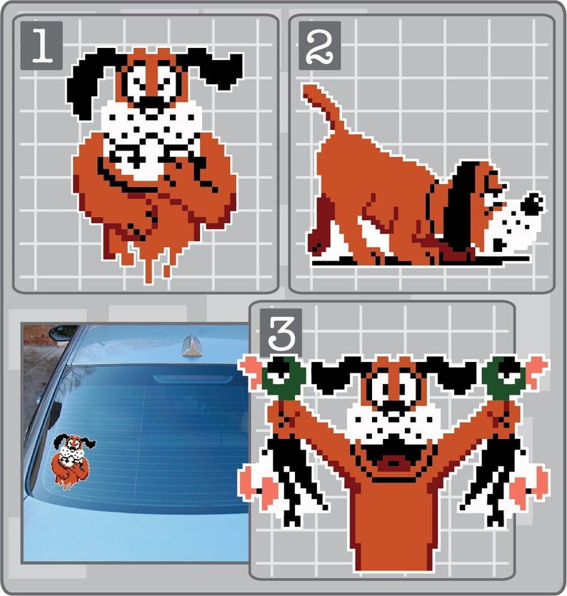May include: A pixelated image of a cartoon dog, a bloodhound, holding two ducks in its paws. The dog is orange and brown with black ears and a black nose. The ducks are green and white. The image is divided into three sections, with the dog in the center and the ducks on either side. The image is on a white background with a grid pattern.