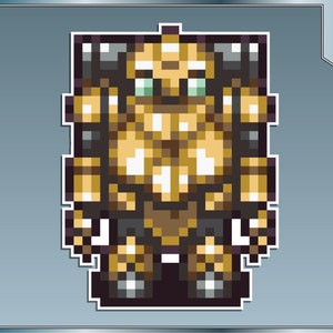 May include: A pixelated illustration of a golden robot with black accents. The robot has a square head with green eyes and a rectangular body with a segmented design.