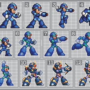 May include: A blue and green robot character in various poses. The robot is pixelated and appears to be from a video game. The robot is numbered 1 through 12.