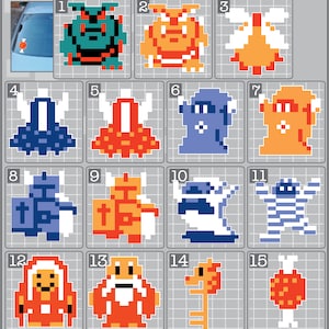 May include: A set of 15 pixel art stickers featuring various characters and objects. The stickers are numbered 1 through 15 and are arranged in a grid. The stickers are all in different colors and feature a variety of designs, including a green monster, a yellow creature, a blue ghost, and a red spaceship.